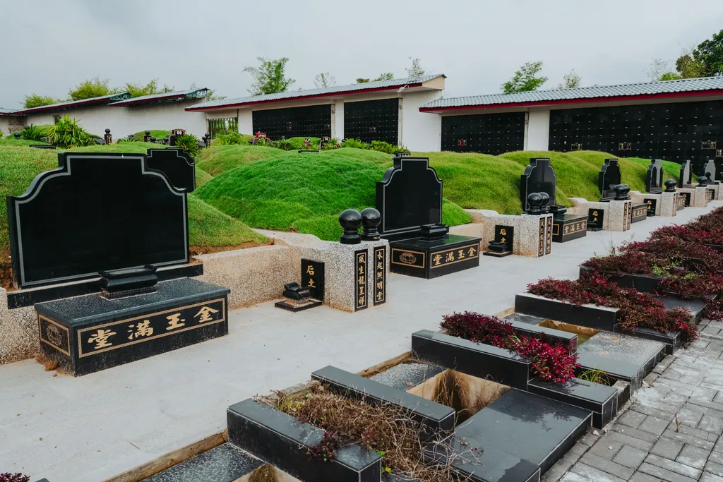 Traditional burial plots in a landscaped memorial park