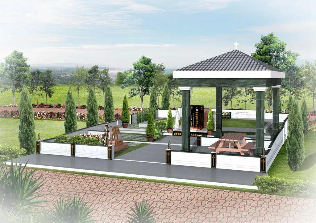 Landscaped family burial lot with a ceremonial pavilion