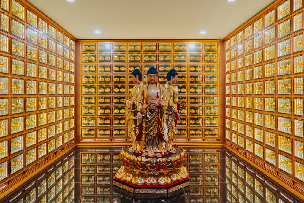 Columbarium hall with illuminated memorial niches